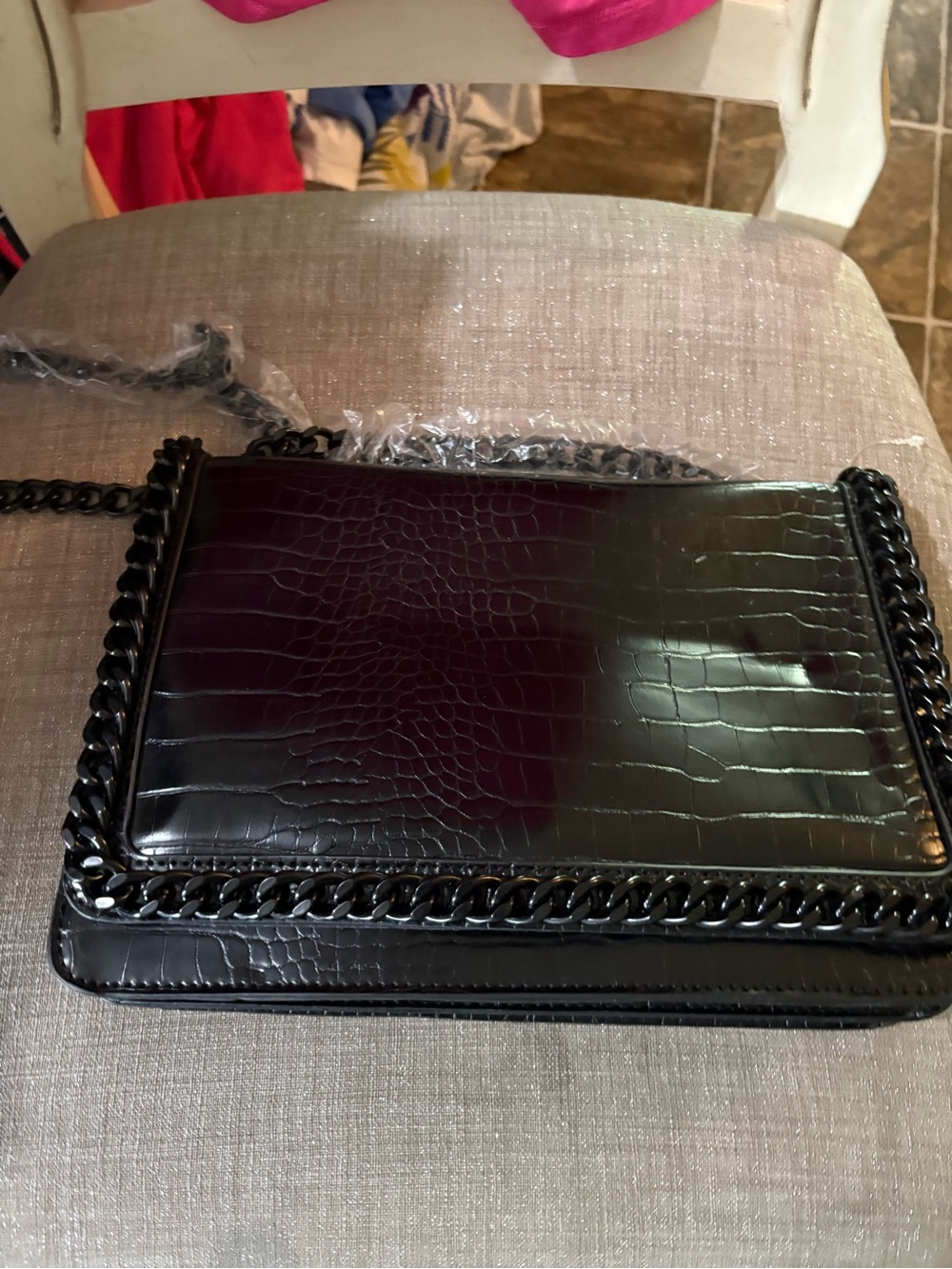 Aldo Black Croc-Embossed Chain Crossbody Bag